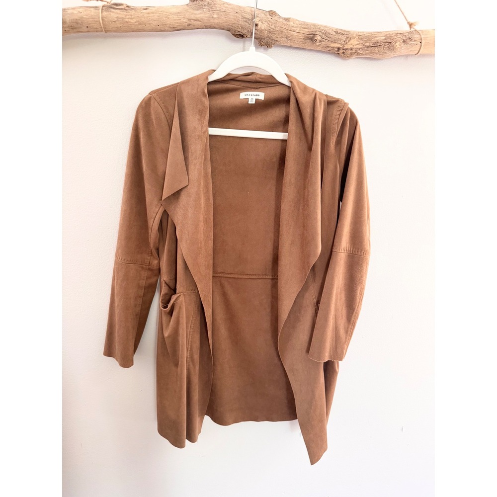 Max Studio Womens Faux Suede Open Front Draped Jacket Brown XS 9707M29
